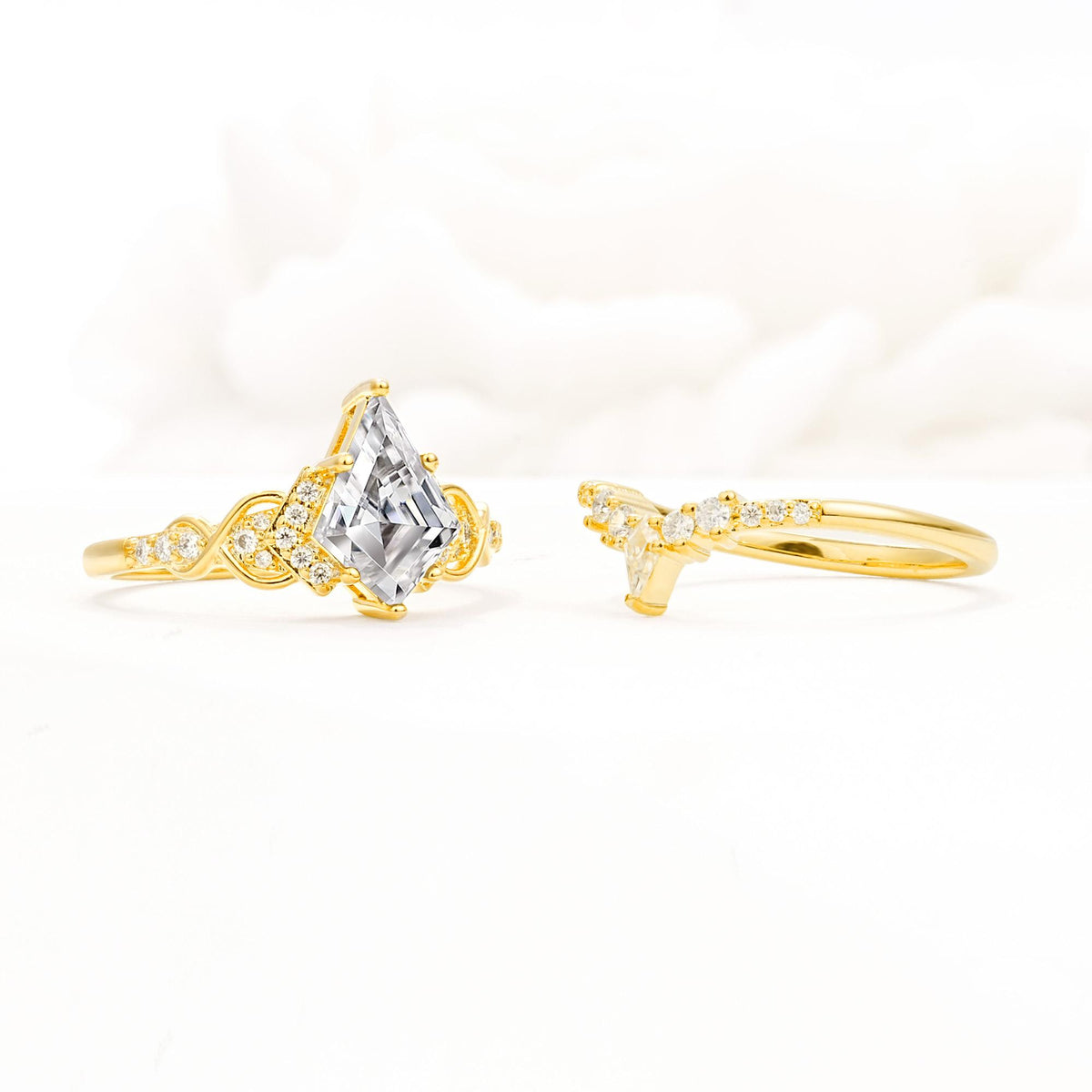 Vintage Kite Cut Lab Diamond Engagement Ring Set with Chevron Band - Additional view