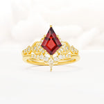 Vintage Kite Cut Garnet Engagement Ring Set with Chevron Band - Yellow-Gold