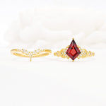 Vintage Kite Cut Garnet Engagement Ring Set with Chevron Band - White-Gold