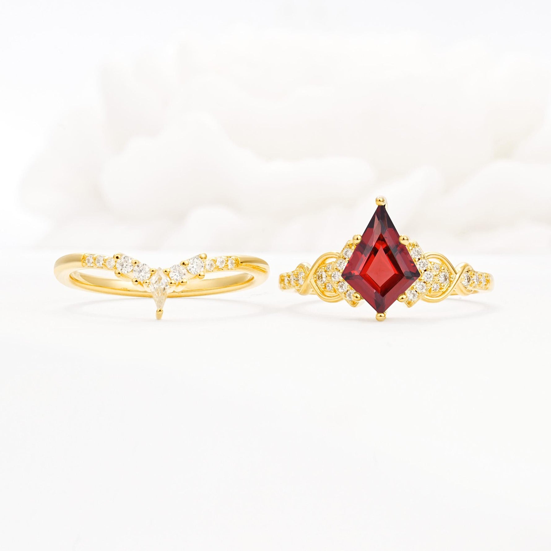 Vintage Kite Cut Garnet Engagement Ring Set with Chevron Band - White-Gold