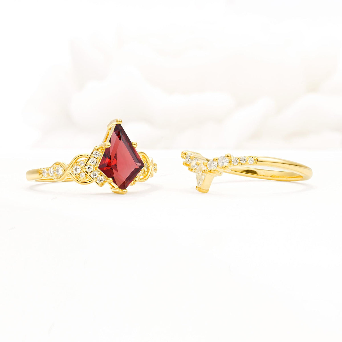 Vintage Kite Cut Garnet Engagement Ring Set with Chevron Band - Additional view