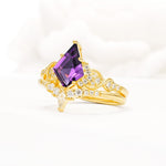 Vintage Kite Cut Amethyst Engagement Ring Set with Chevron Band - Rose-Gold