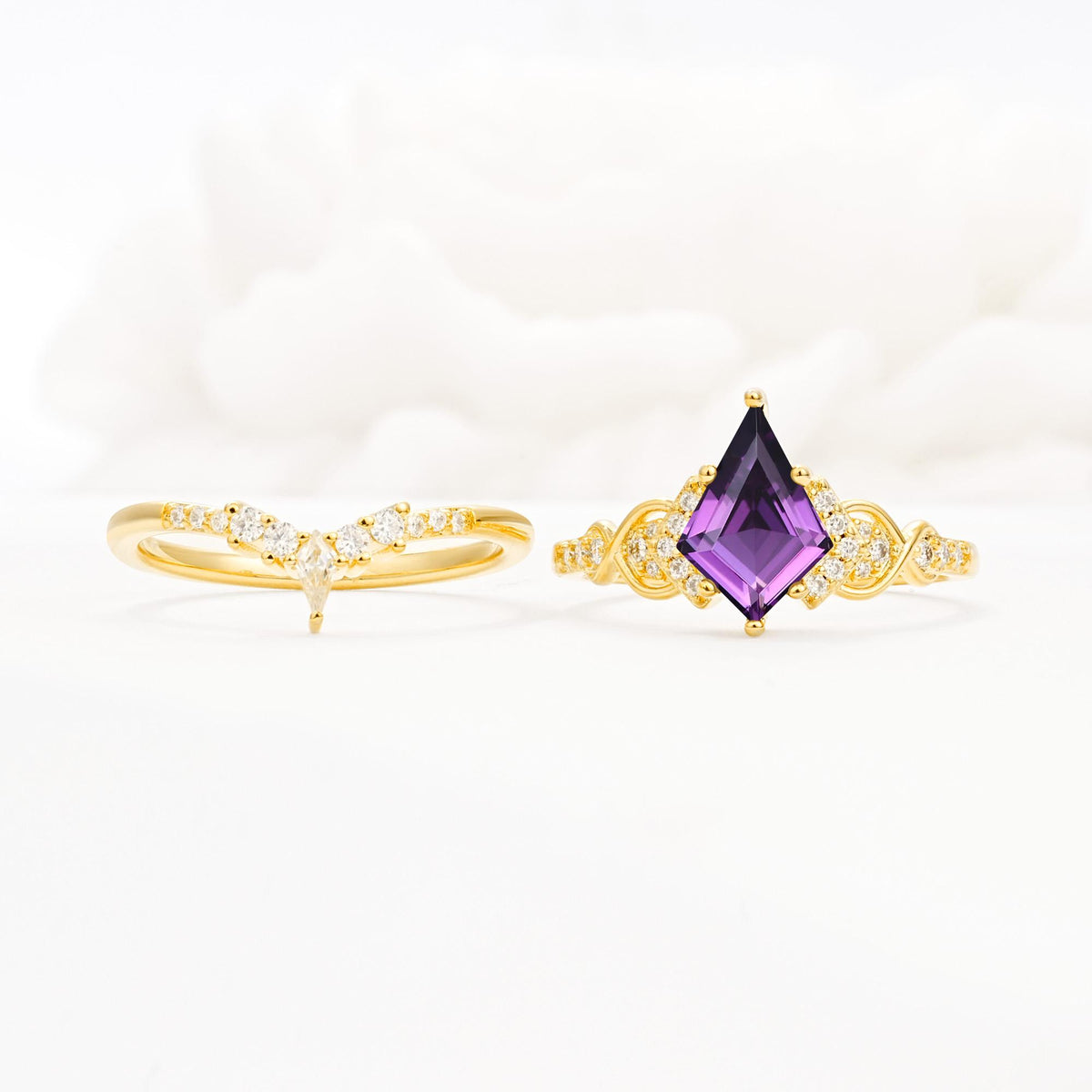 Vintage Kite Cut Amethyst Engagement Ring Set with Chevron Band - White-Gold