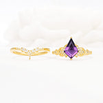 Vintage Kite Cut Amethyst Engagement Ring Set with Chevron Band - White-Gold
