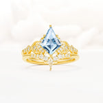 Vintage Kite Cut Aquamarine Engagement Ring Set with Chevron Band - Yellow-Gold