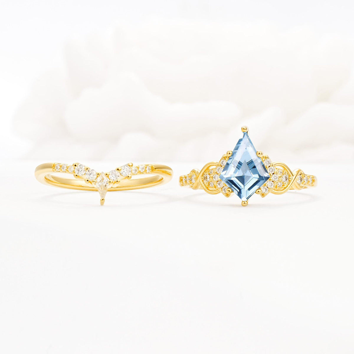 Vintage Kite Cut Aquamarine Engagement Ring Set with Chevron Band - White-Gold