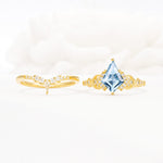 Vintage Kite Cut Aquamarine Engagement Ring Set with Chevron Band - White-Gold