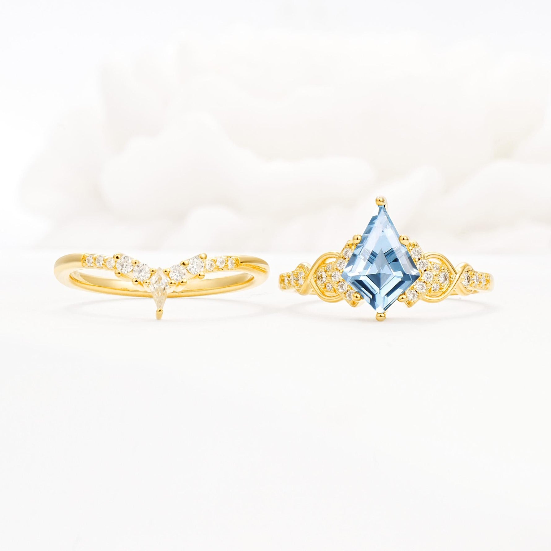 Vintage Kite Cut Aquamarine Engagement Ring Set with Chevron Band - White-Gold