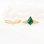 Vintage Kite Cut Emerald Engagement Ring Set with Chevron Band - White-Gold