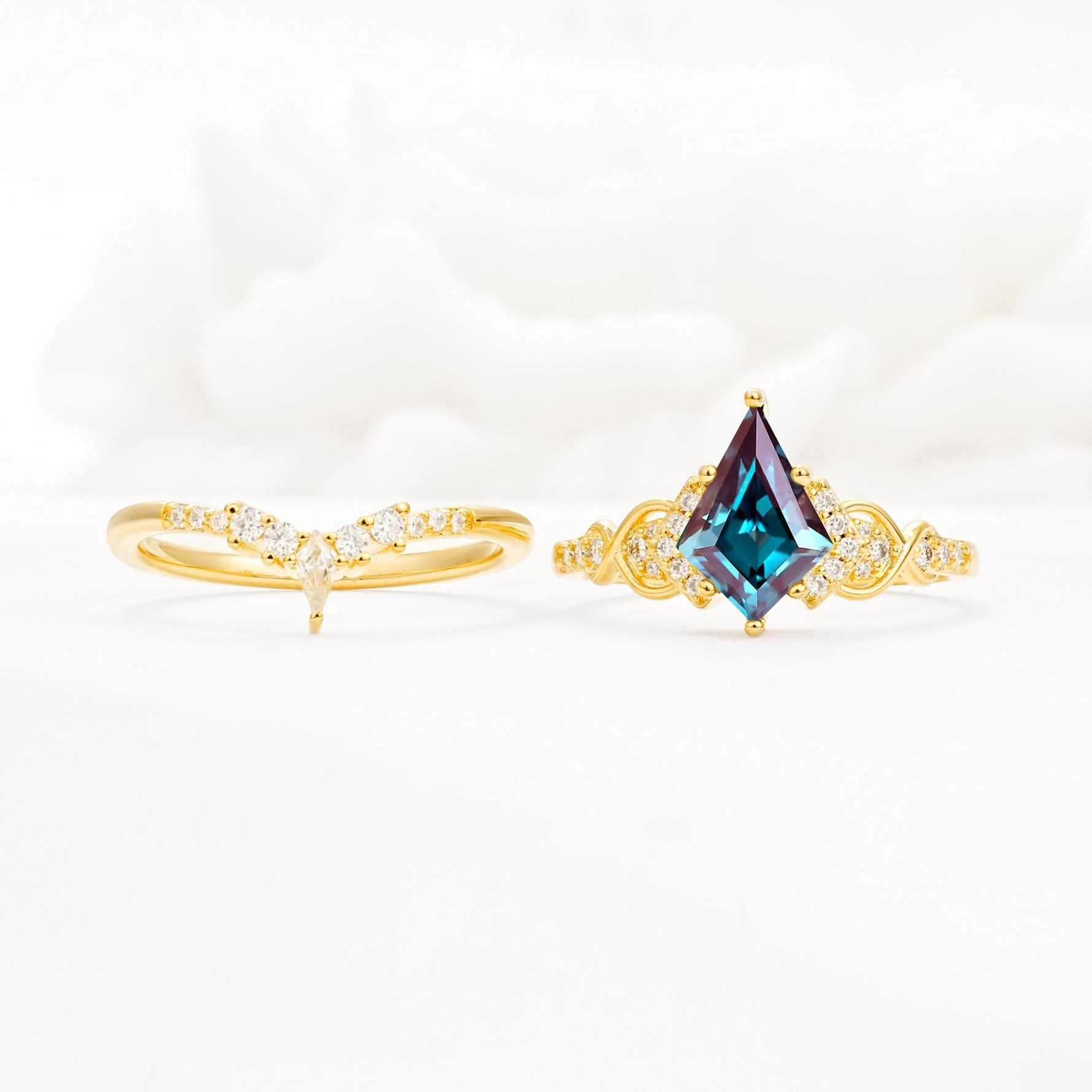 Vintage Kite Cut Alexandrite Engagement Ring Set with Chevron Band - White-Gold