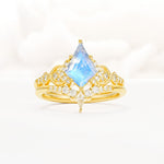 Vintage Kite Cut Moonstone Engagement Ring Set with Chevron Band - Yellow-Gold