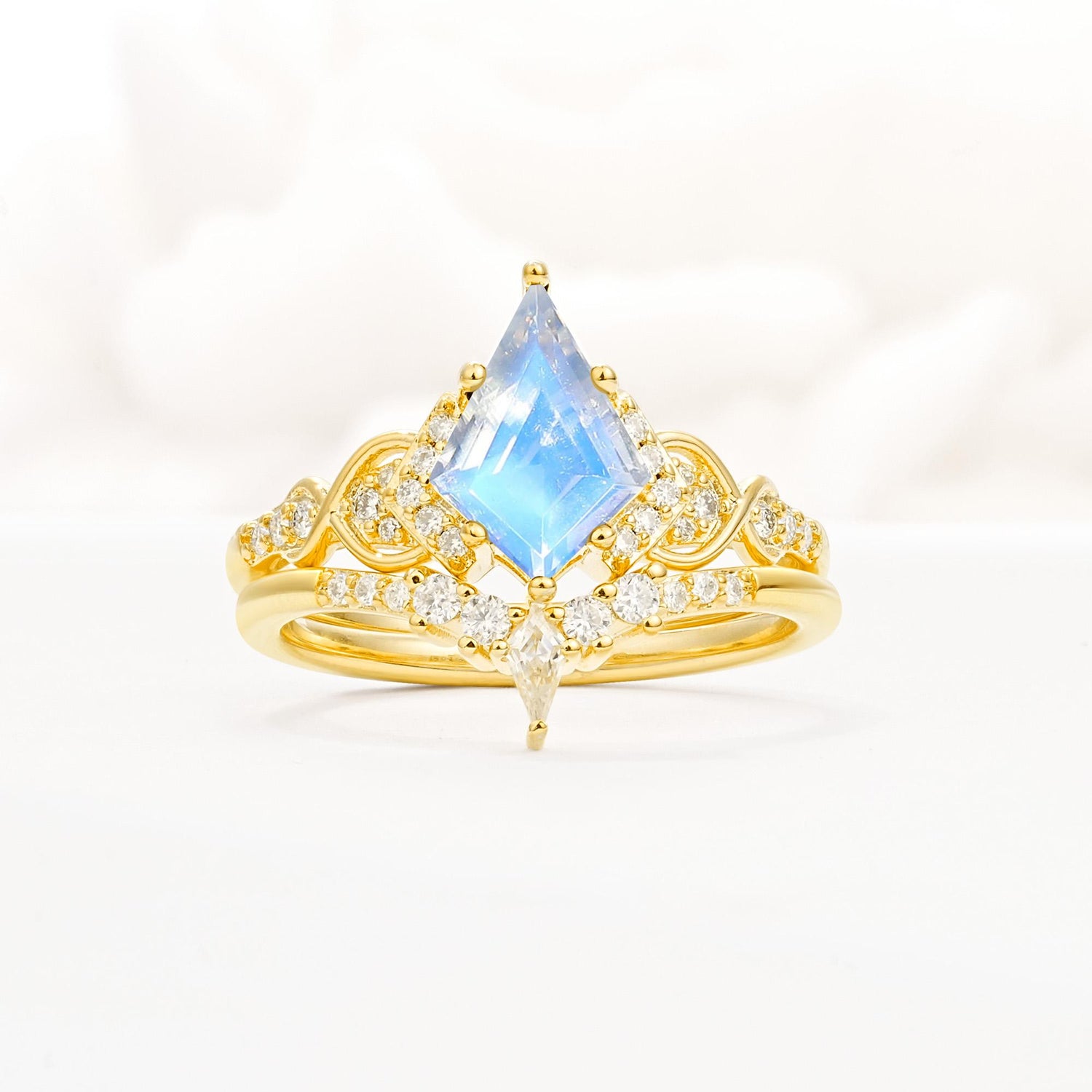 Vintage Kite Cut Moonstone Engagement Ring Set with Chevron Band - Yellow-Gold