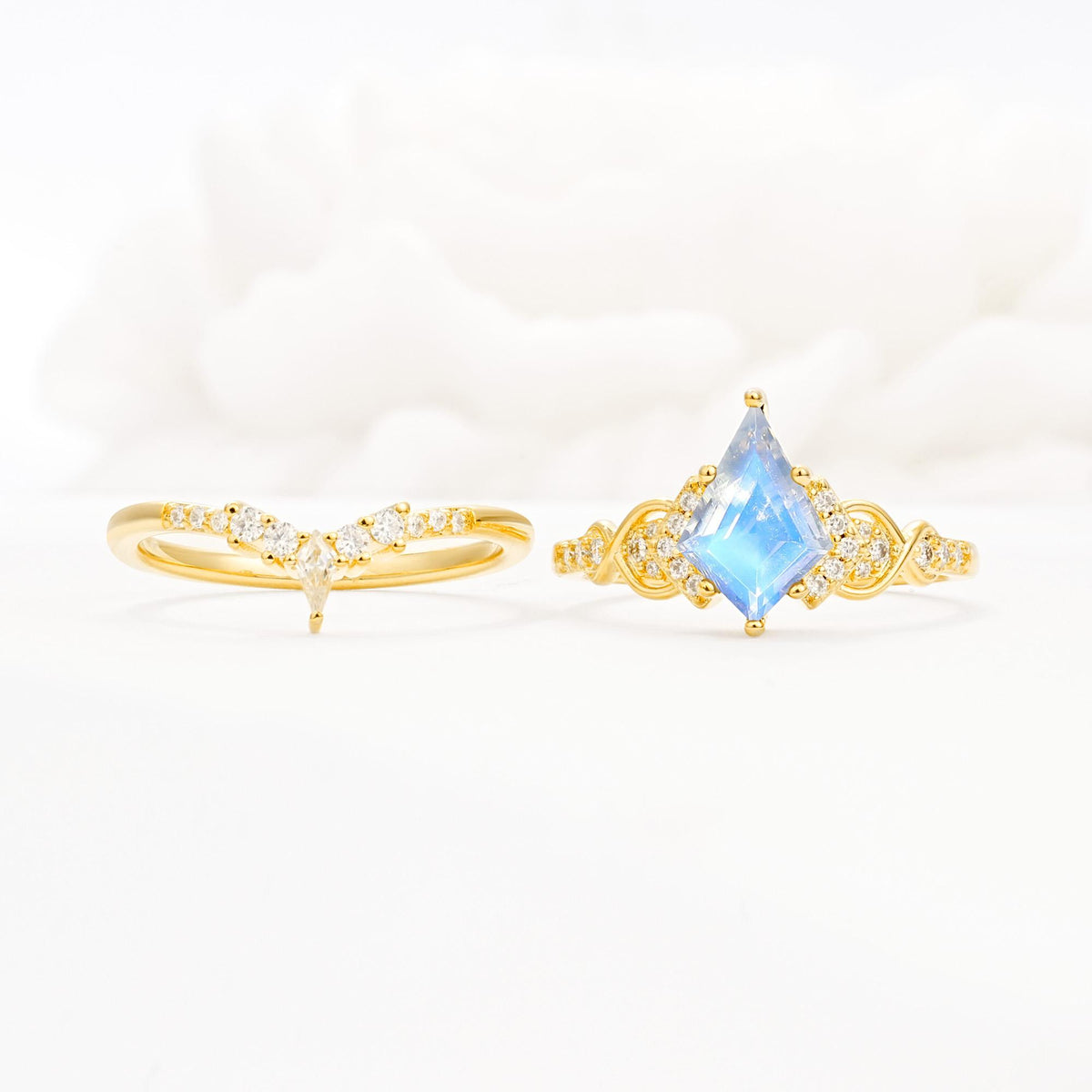 Vintage Kite Cut Moonstone Engagement Ring Set with Chevron Band - White-Gold
