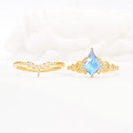 Vintage Kite Cut Moonstone Engagement Ring Set with Chevron Band - White-Gold