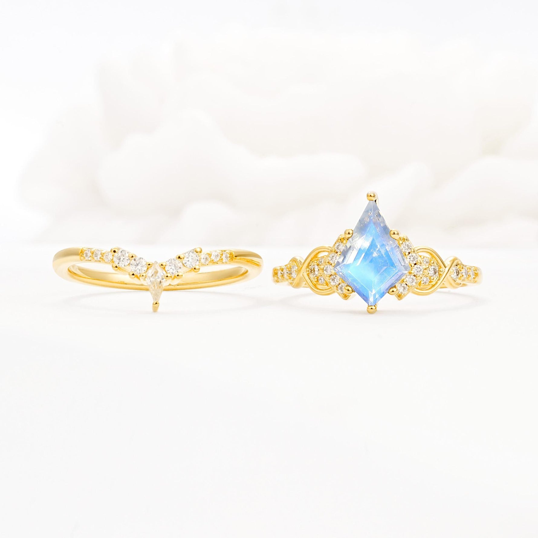 Vintage Kite Cut Moonstone Engagement Ring Set with Chevron Band - White-Gold