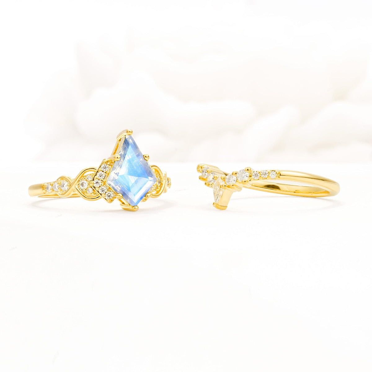 Vintage Kite Cut Moonstone Engagement Ring Set with Chevron Band - Additional view