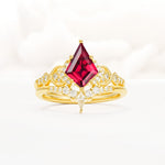 Vintage Kite Cut Ruby Engagement Ring Set with Chevron Band - Yellow-Gold