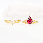 Vintage Kite Cut Ruby Engagement Ring Set with Chevron Band - White-Gold