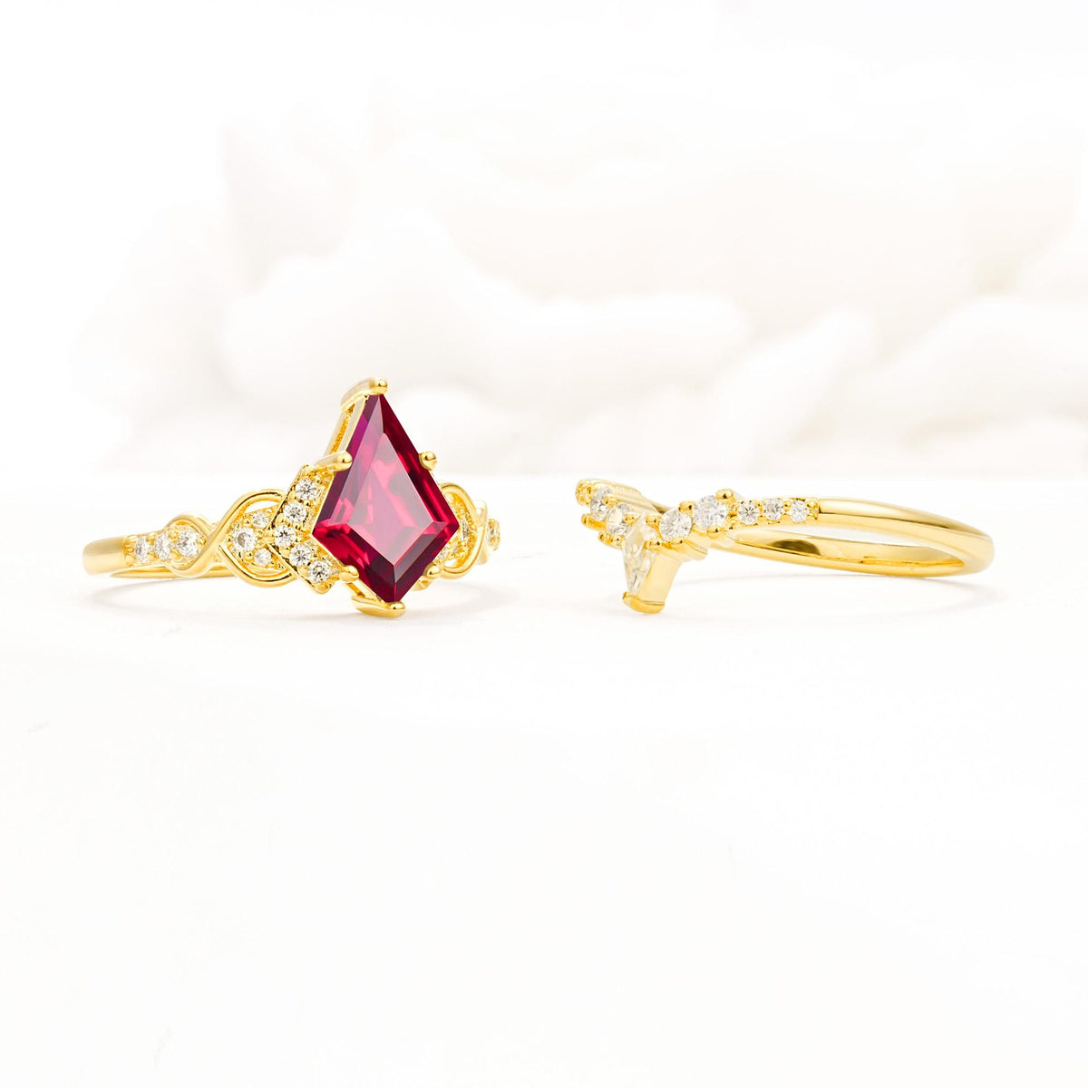 Vintage Kite Cut Ruby Engagement Ring Set with Chevron Band - Additional view