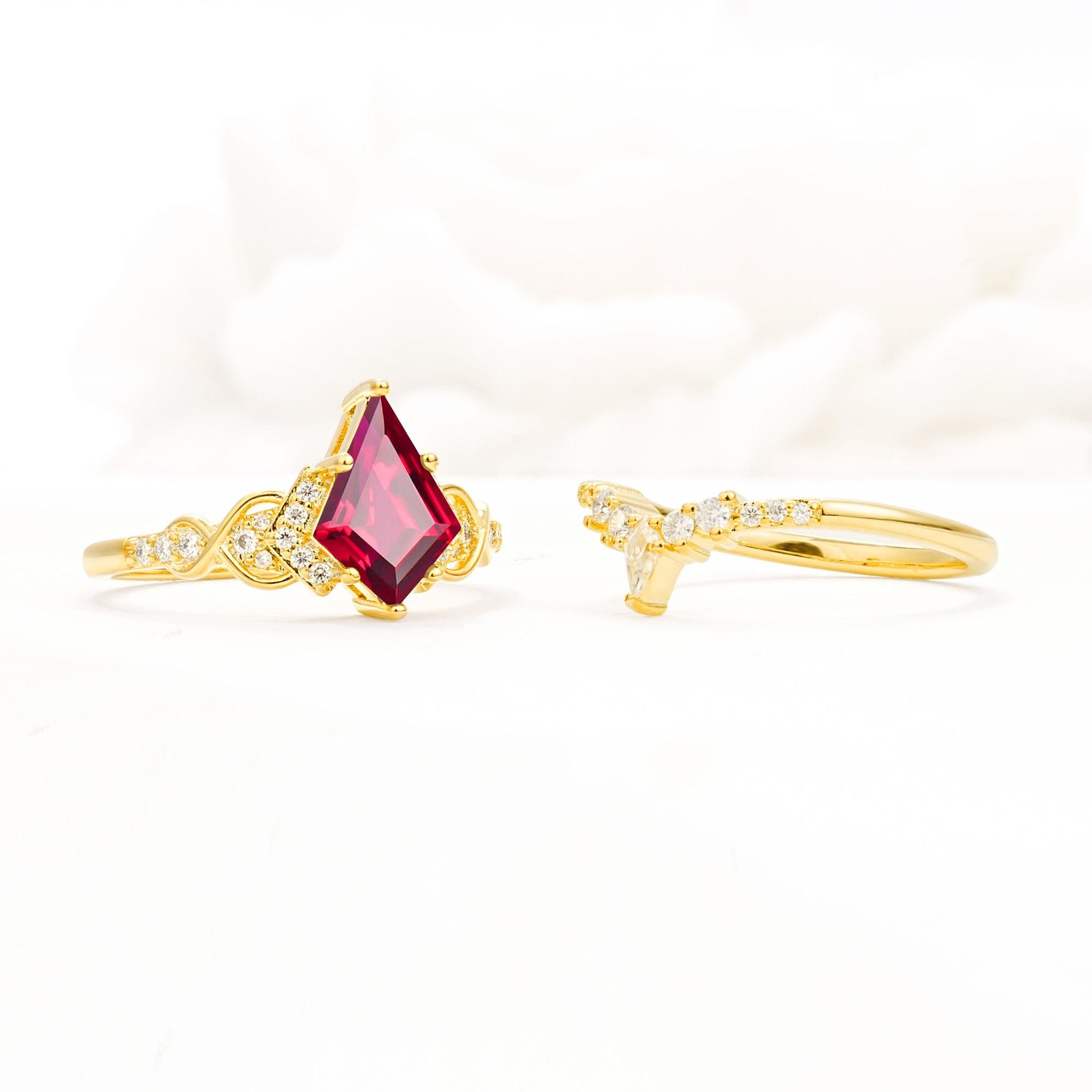 Vintage Kite Cut Ruby Engagement Ring Set with Chevron Band - Additional view