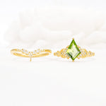Vintage Kite Cut Peridot Engagement Ring Set with Chevron Band - White-Gold