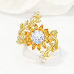 Round Moissanite Sunflower Halo Leaf Vine Engagement Ring Set - Yellow-Gold