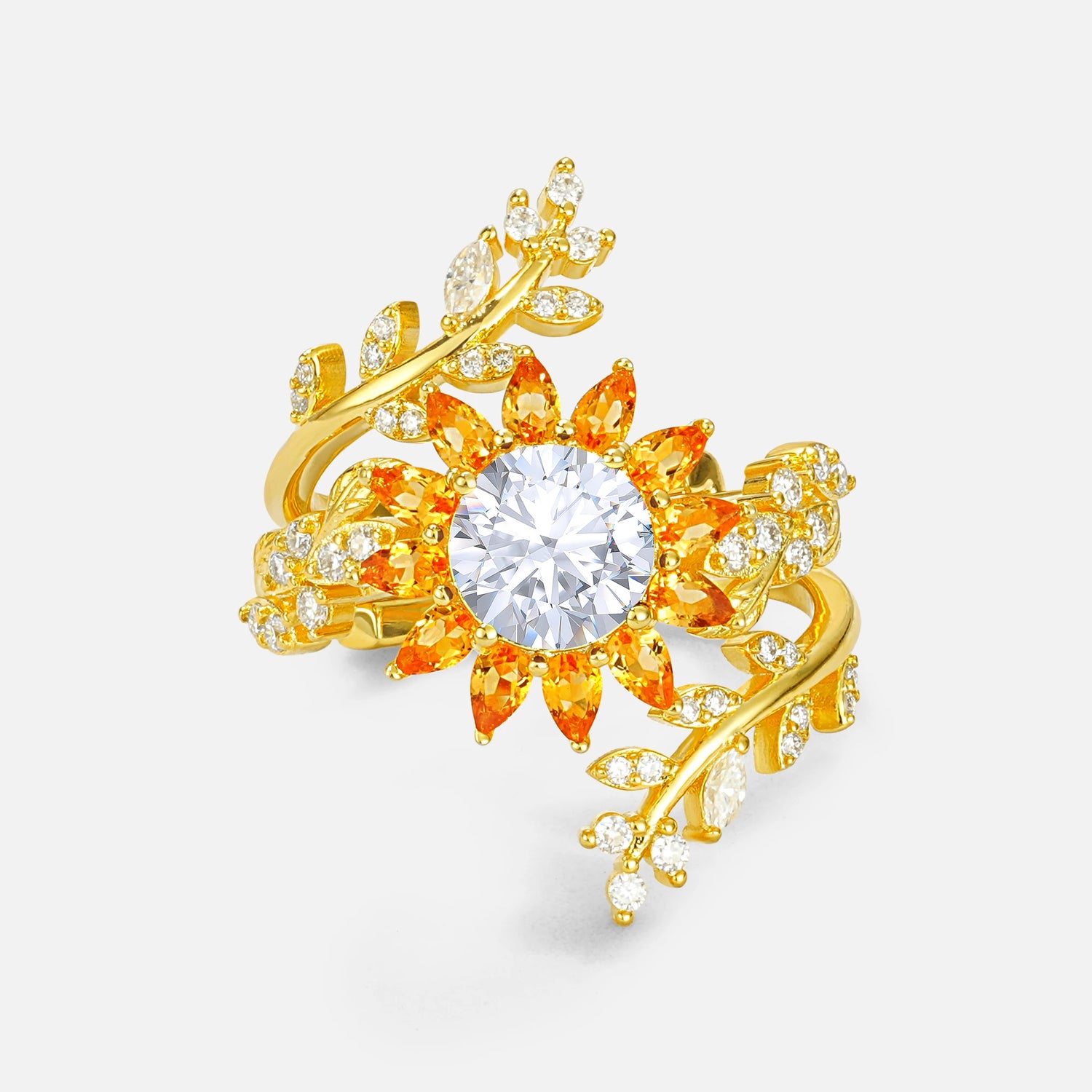 Round Moissanite Sunflower Halo Leaf Vine Engagement Ring Set - Yellow-Gold