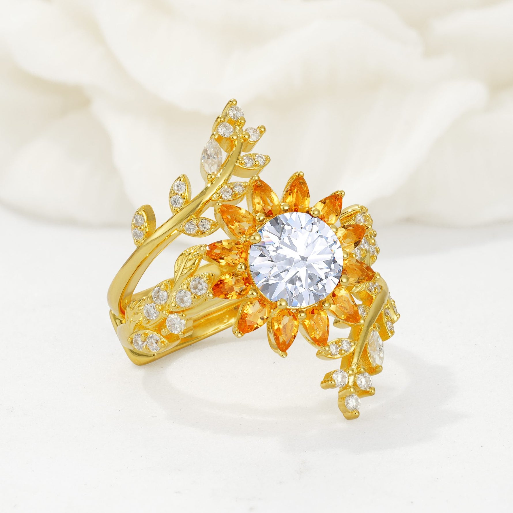 Round Moissanite Sunflower Halo Leaf Vine Engagement Ring Set - Rose-Gold