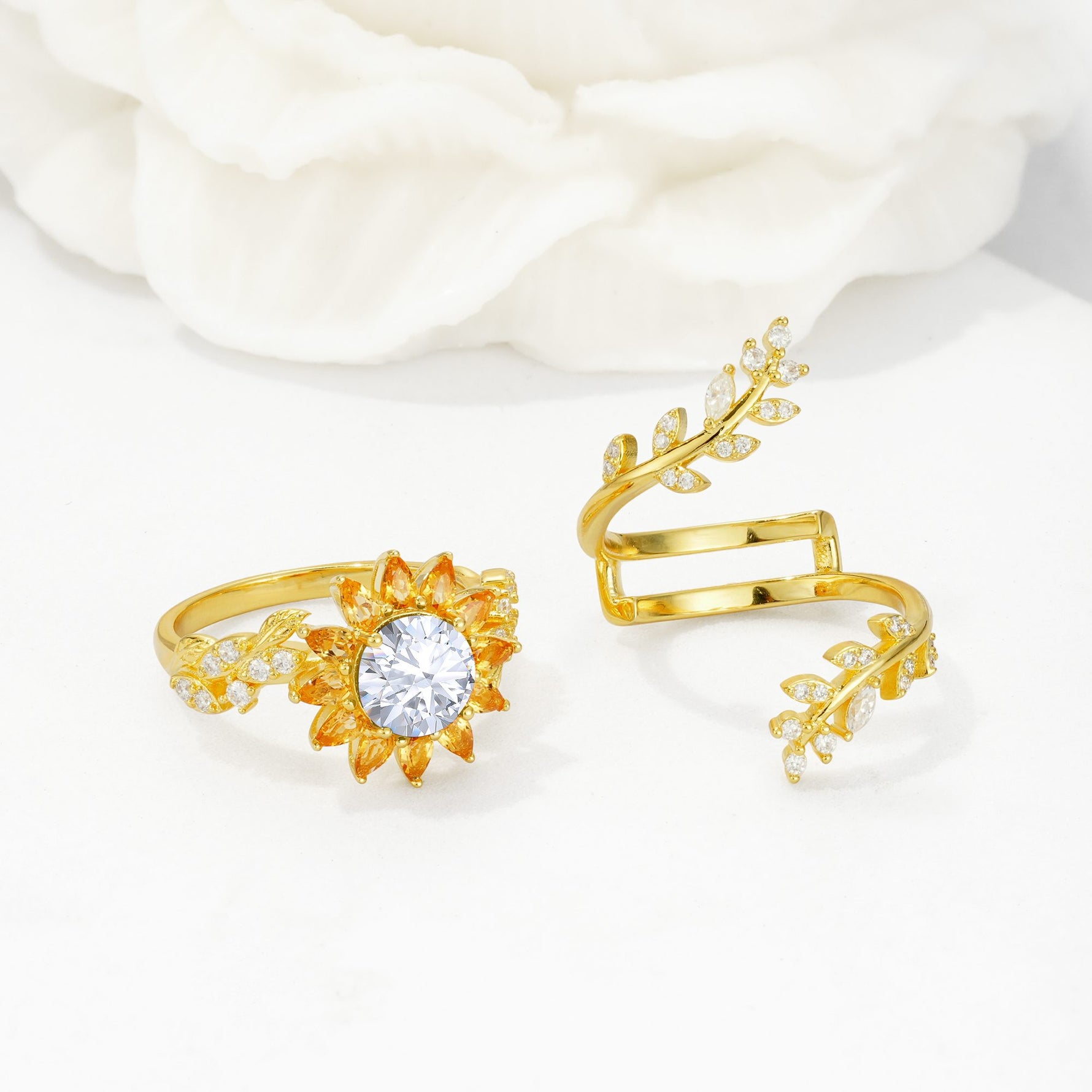 Round Moissanite Sunflower Halo Leaf Vine Engagement Ring Set - White-Gold