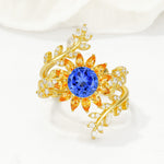 Round Sapphire Sunflower Halo Leaf Vine Engagement Ring Set - Yellow-Gold