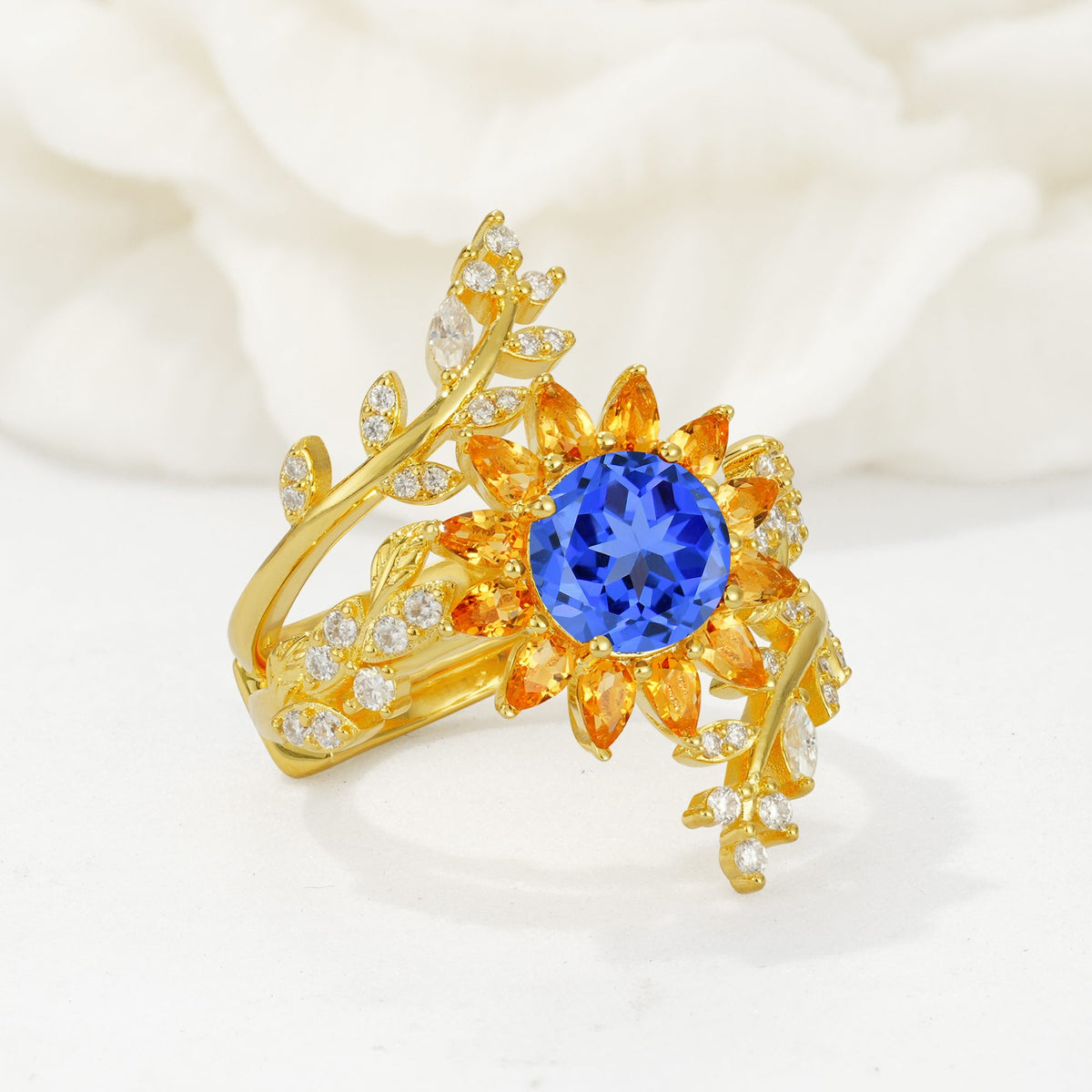 Round Sapphire Sunflower Halo Leaf Vine Engagement Ring Set - Rose-Gold