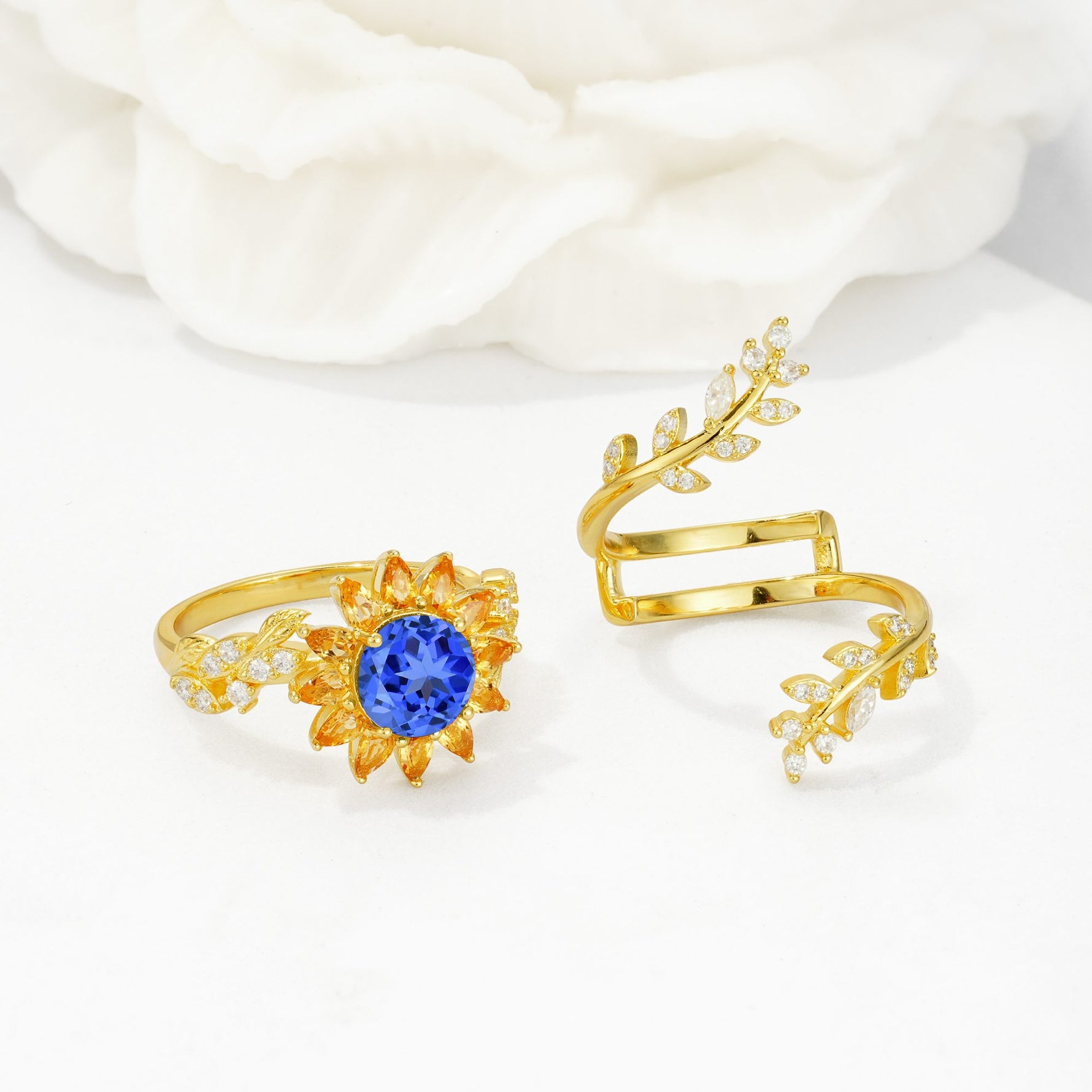Round Sapphire Sunflower Halo Leaf Vine Engagement Ring Set - White-Gold
