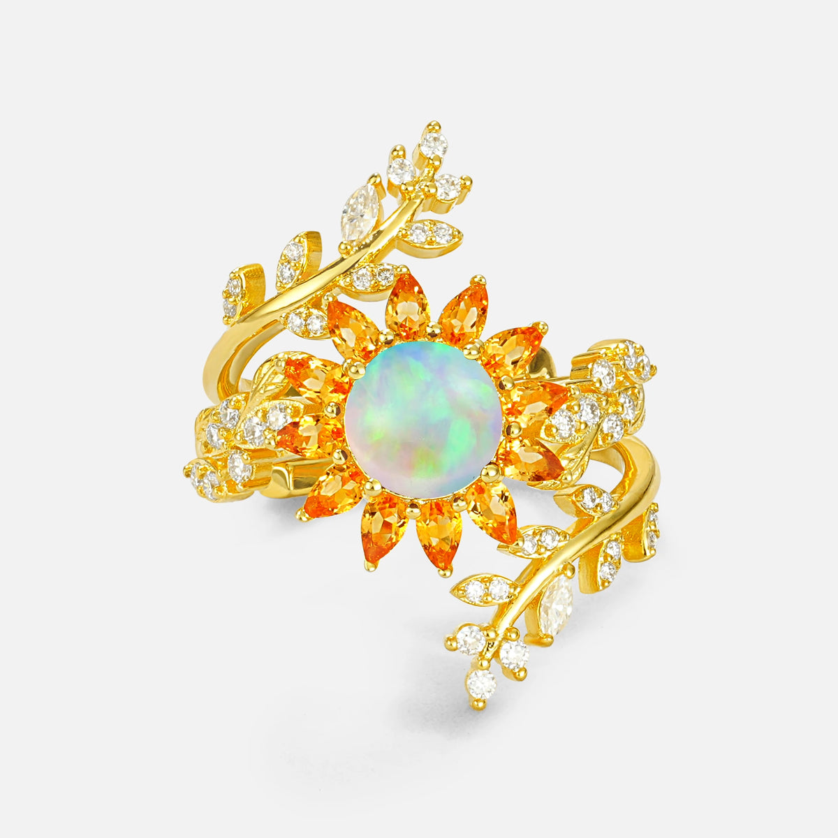Round Fire Opal Sunflower Halo Leaf Vine Engagement Ring Set - Yellow-Gold