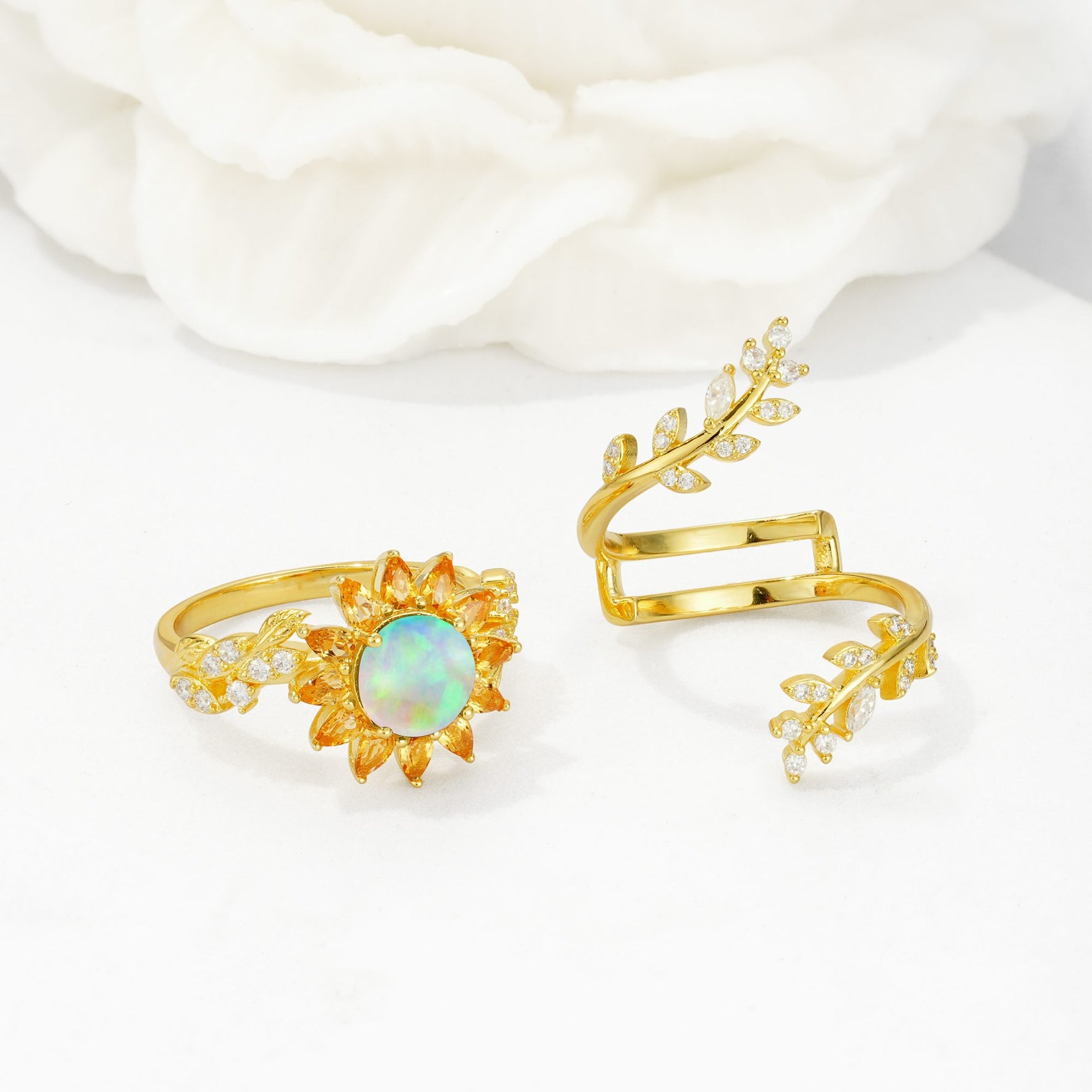 Round Fire Opal Sunflower Halo Leaf Vine Engagement Ring Set - White-Gold