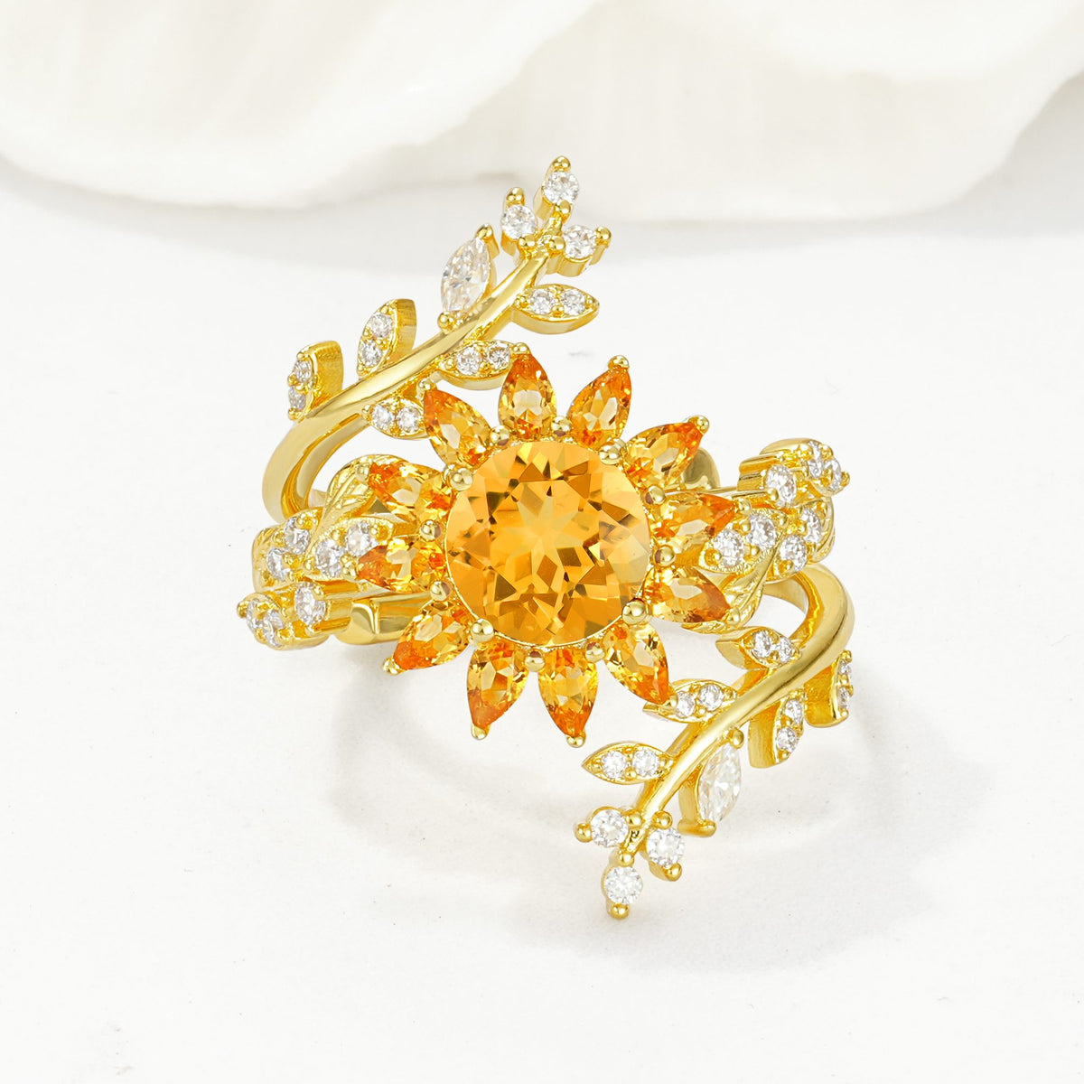 Round Citrine Sunflower Halo Leaf Vine Engagement Ring Set - Yellow-Gold