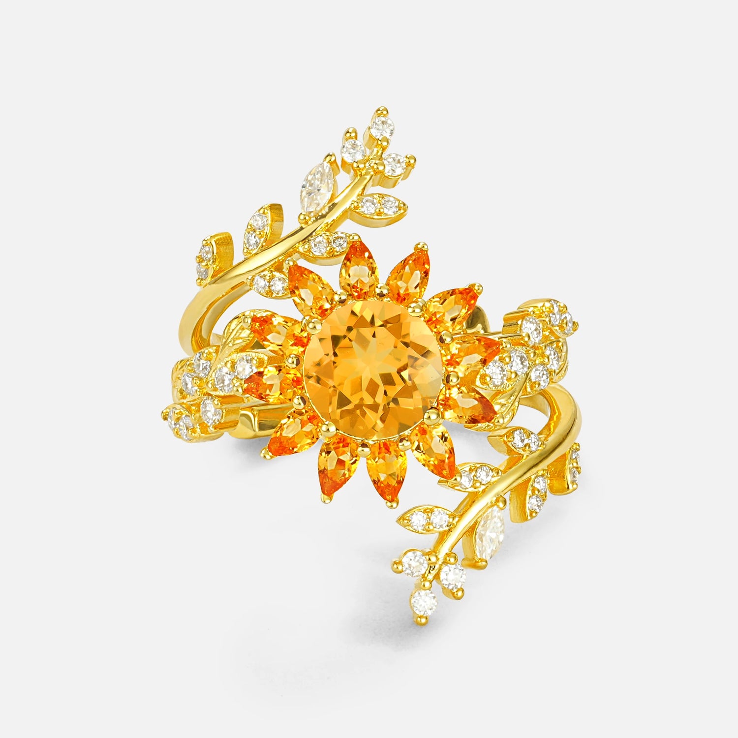 Round Citrine Sunflower Halo Leaf Vine Engagement Ring Set - Yellow-Gold