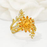 Round Citrine Sunflower Halo Leaf Vine Engagement Ring Set - Rose-Gold