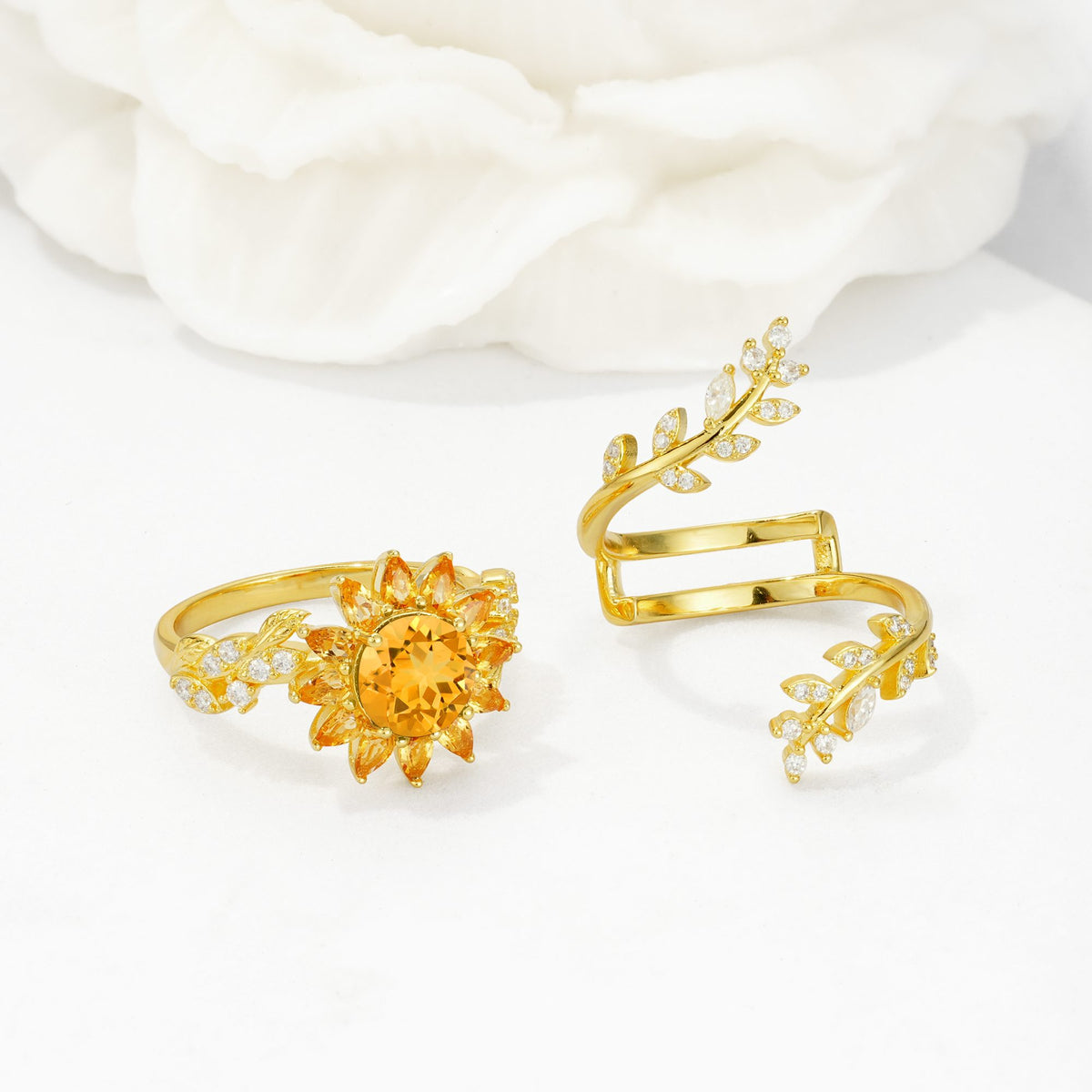 Round Citrine Sunflower Halo Leaf Vine Engagement Ring Set - White-Gold