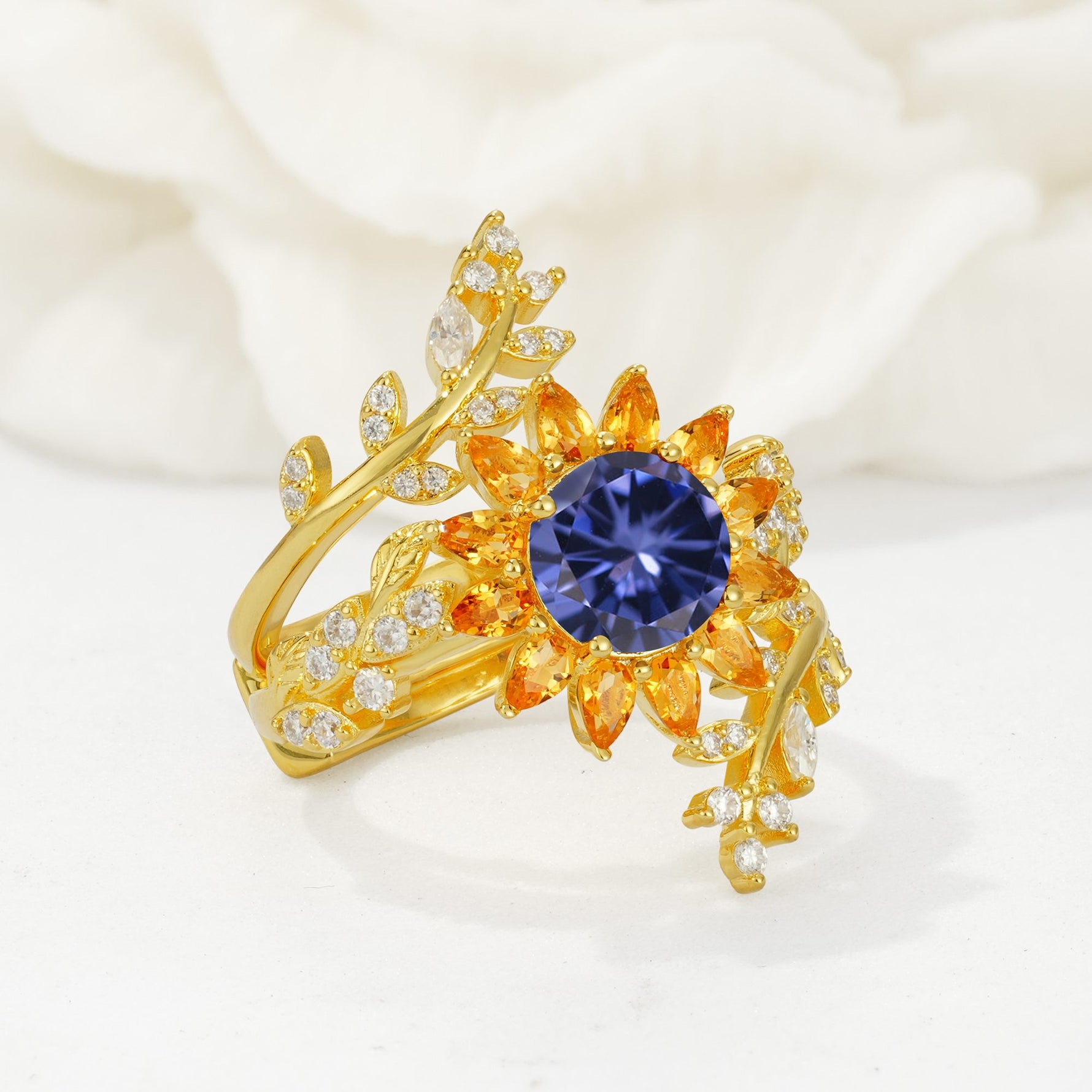 Round Tanzanite Sunflower Halo Leaf Vine Engagement Ring Set - Rose-Gold