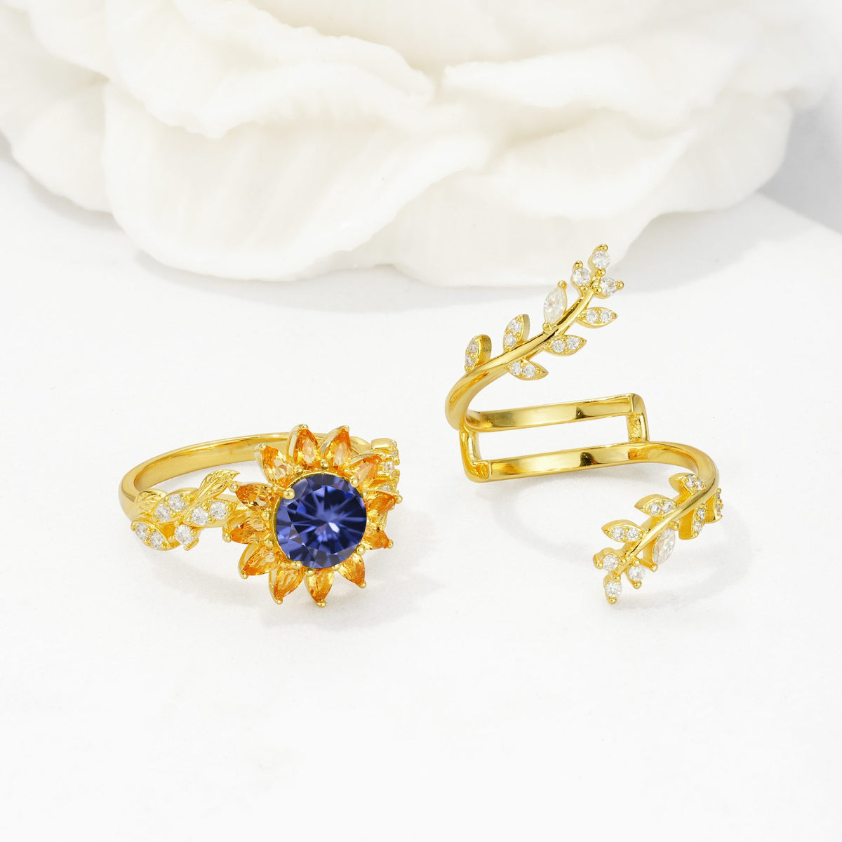 Round Tanzanite Sunflower Halo Leaf Vine Engagement Ring Set - White-Gold