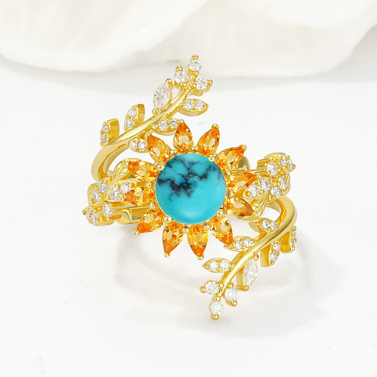 Round Turquoise Sunflower Halo Leaf Vine Engagement Ring Set - Yellow-Gold