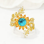 Round Turquoise Sunflower Halo Leaf Vine Engagement Ring Set - Yellow-Gold