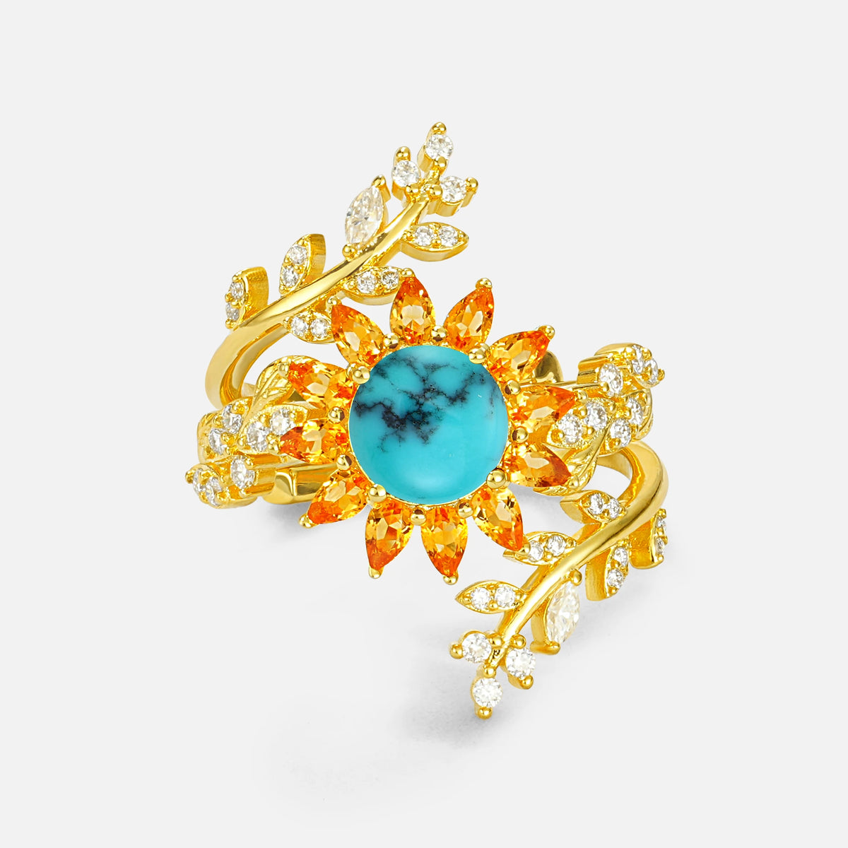 Round Turquoise Sunflower Halo Leaf Vine Engagement Ring Set - Yellow-Gold