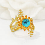 Round Turquoise Sunflower Halo Leaf Vine Engagement Ring Set - Rose-Gold