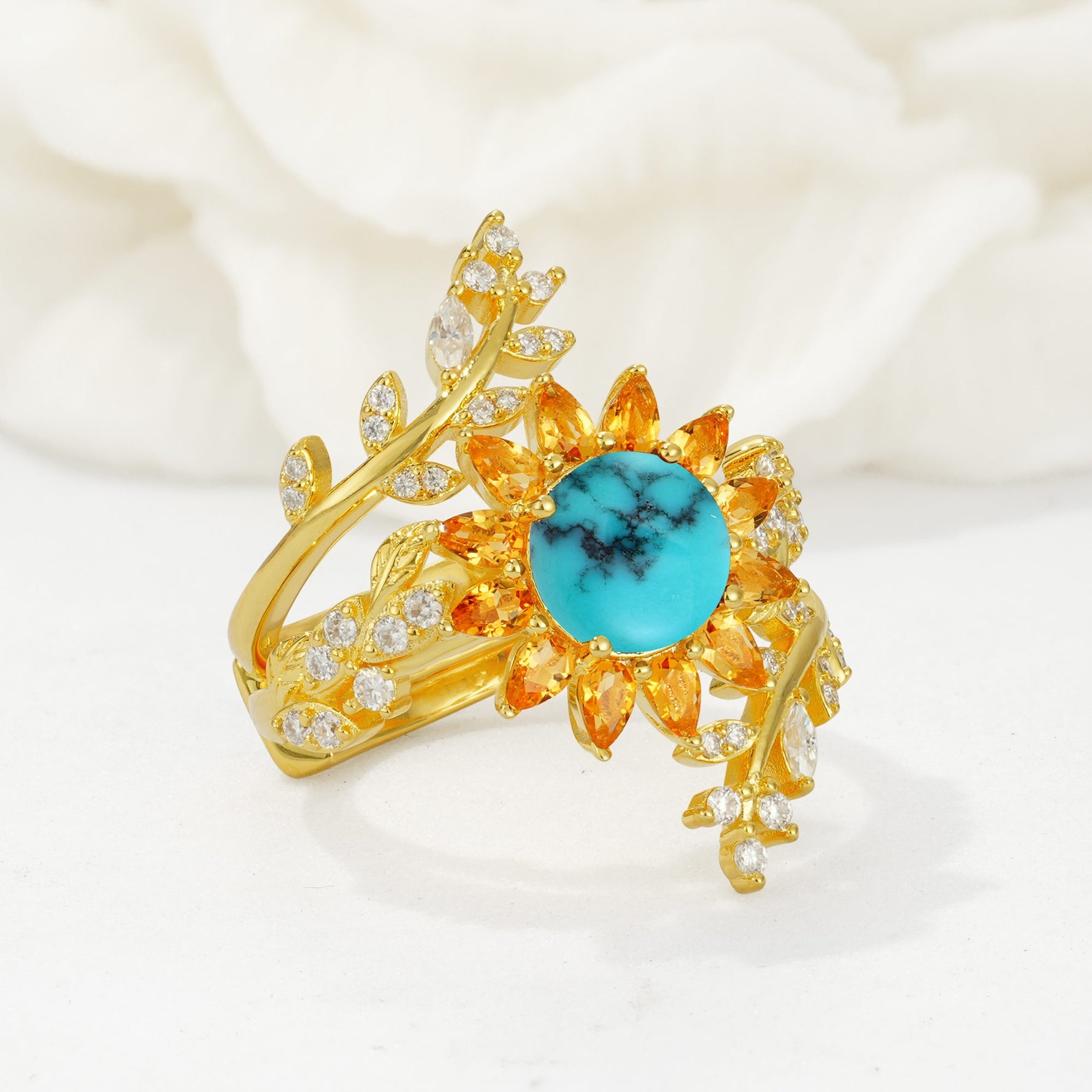 Round Turquoise Sunflower Halo Leaf Vine Engagement Ring Set - Rose-Gold