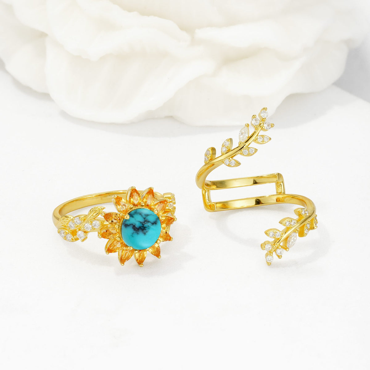 Round Turquoise Sunflower Halo Leaf Vine Engagement Ring Set - White-Gold