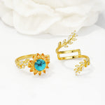 Round Turquoise Sunflower Halo Leaf Vine Engagement Ring Set - White-Gold