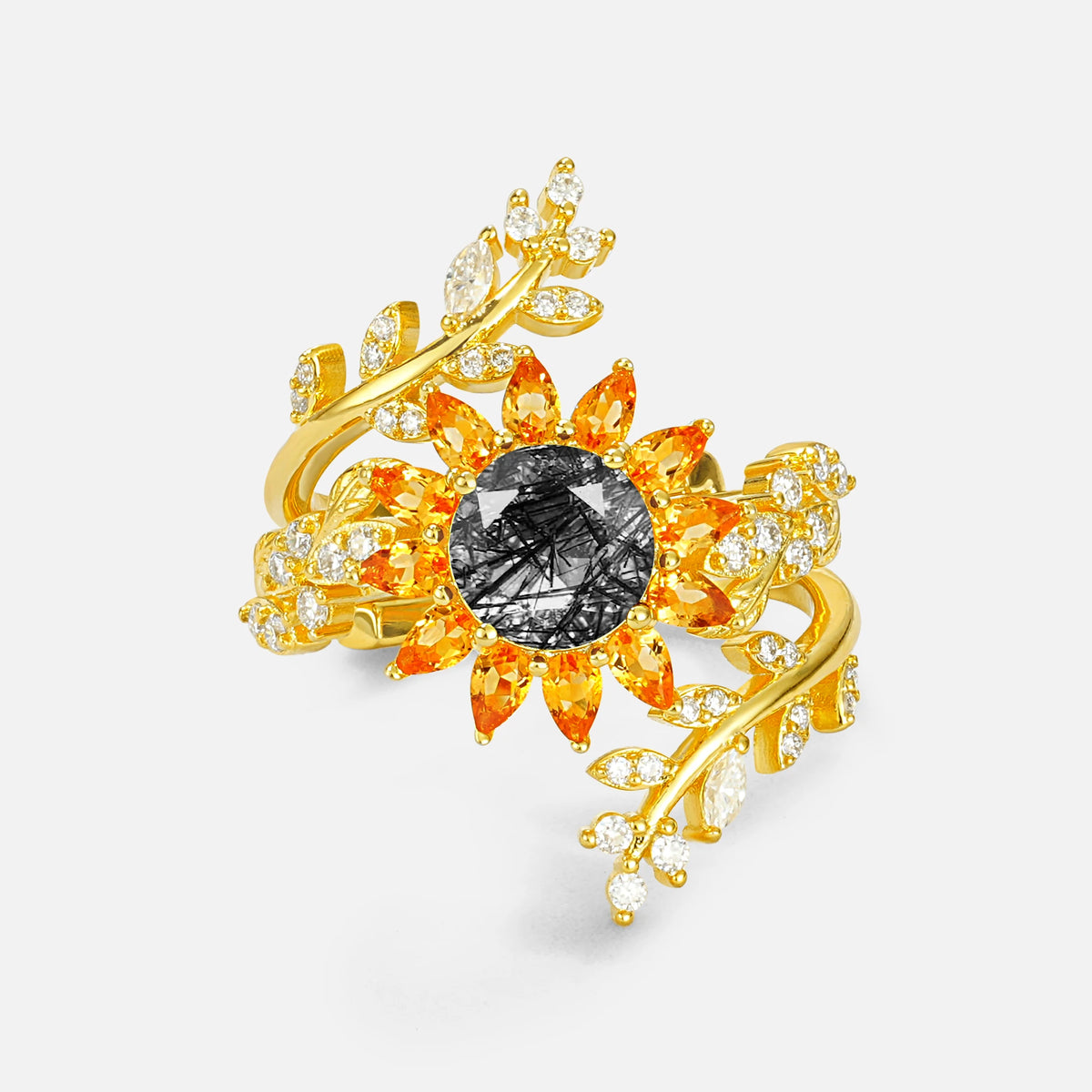 Round Black Rutilated Quartz Sunflower Halo Leaf Vine Engagement Ring Set - Yellow-Gold