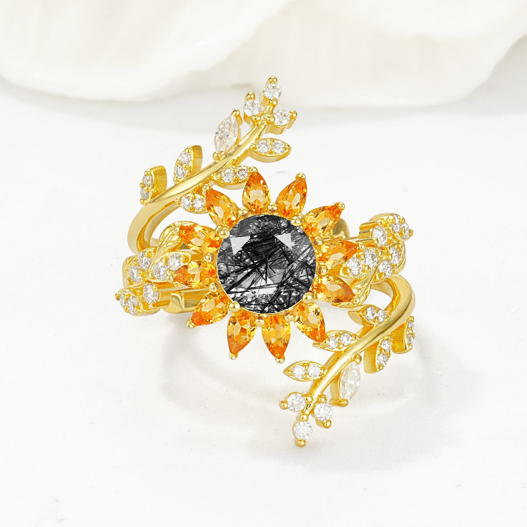 Round Black Rutilated Quartz Sunflower Halo Leaf Vine Engagement Ring Set - Yellow-Gold