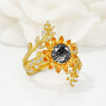 Round Black Rutilated Quartz Sunflower Halo Leaf Vine Engagement Ring Set - Rose-Gold